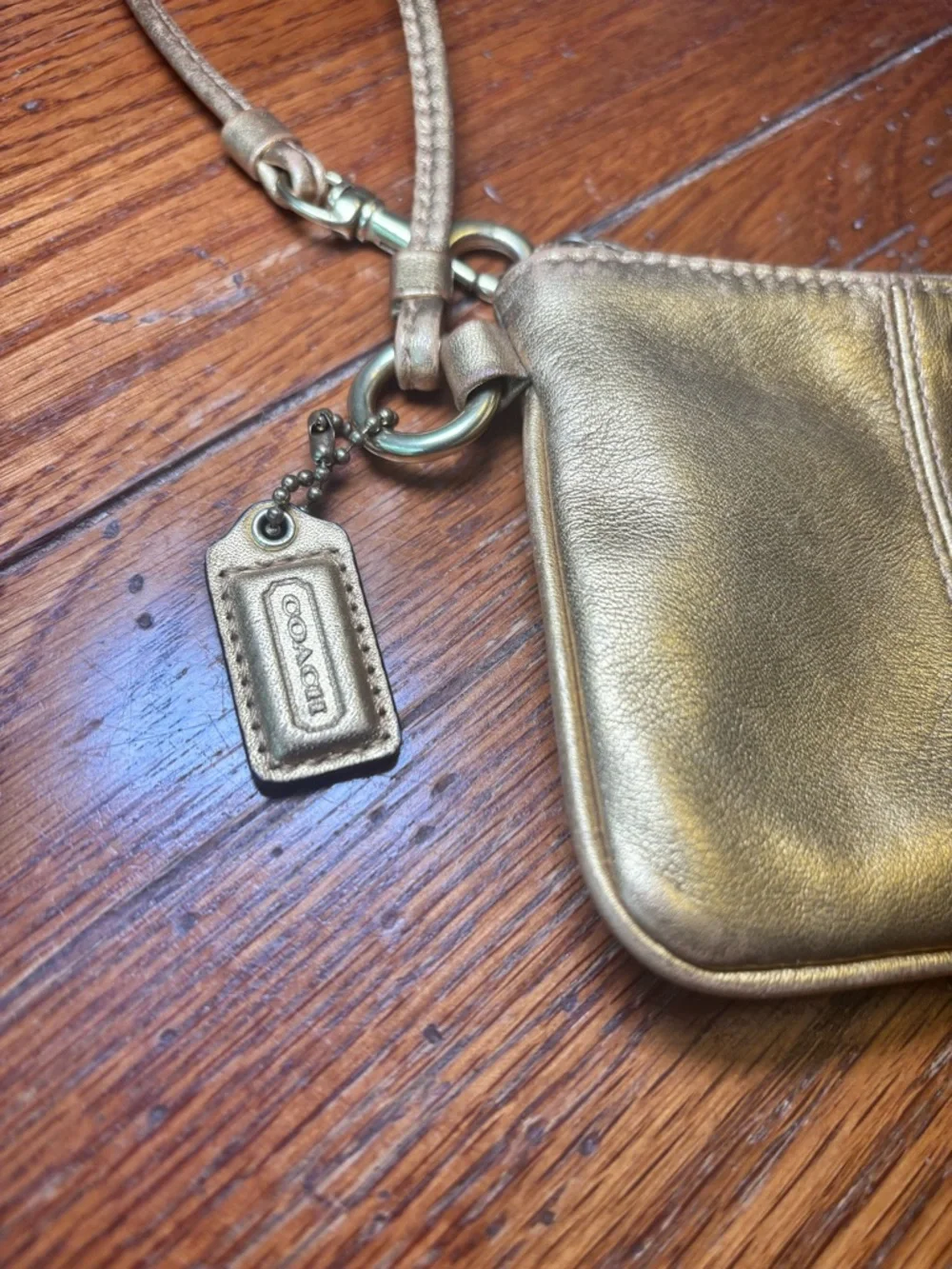 Coach Legacy Metallic Gold Leather Wristlet Clutch Pink Satin Lining Hangtag